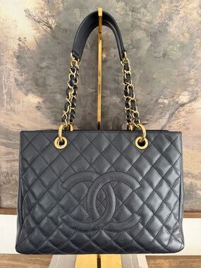 CHANEL Black Quilted Caviar Leather Tote with Gold Chain Straps